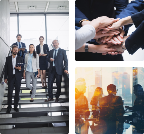 Our team at work: consultants in the office, a team handshake and a client meeting